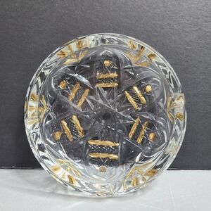 Pasabahce 5" Round Crystal Ashtray With Gold Trim‎ Vintage